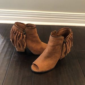 Faux suede peep toe heels with fringe